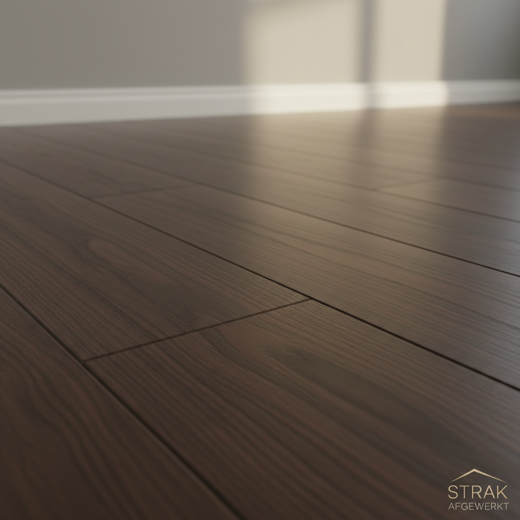 A close-up, low-angle view of a high-quality dark walnut laminate floor, the camera just above the surface capturing the fine wood pores, beveled edges, and perfectly matched joints. The rich brown planks run diagonally across the frame, with subtle satin sheen reflecting diffused afternoon light from a nearby window. In the softly blurred background, a crisp white skirting board and a plain light-grey wall emphasize the straight, flawless installation line. Photographic realism with shallow depth of field, emphasizing detail, precision, and craftsmanship. The mood is professional and refined, ideal to communicate ‘strak afgewerkt’ for a specialist flooring business.