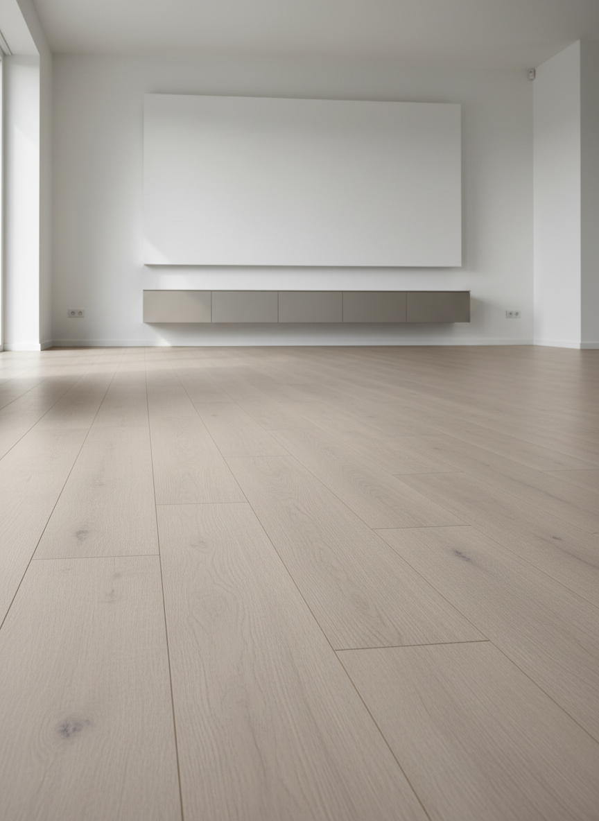 A spacious modern living room showcasing a premium oak-look laminate floor in soft natural beige tones, with subtle wood grain texture sharply in focus. The flooring stretches cleanly from foreground to background, perfectly aligned planks leading the eye toward a large, minimal white media wall and a low matte-grey sideboard. No furniture is visible in the foreground, emphasizing the seamless installation and tight joints. Soft daylight enters from an unseen window on the left, creating gentle reflections and long, delicate shadows that highlight the smooth finish. Photographic realism, shot at eye level with a wide-angle lens, sharp focus throughout, calm and professional atmosphere, clean and modern aesthetic ideal for a flooring company homepage hero image.