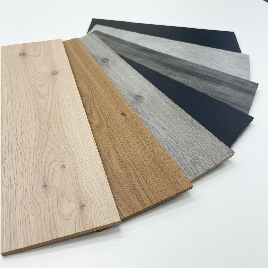 A neatly arranged sample display of various laminate and PVC flooring planks laid out in a fan shape on a clean white tabletop. Each sample shows a distinct color and texture, from light Scandinavian oak to deep smoked wood and cool industrial concrete, edges aligned to demonstrate precision machining. The camera is positioned at a three-quarter angle, focusing on the edges and surfaces, with gentle falloff into soft blur at the back. Bright, diffused studio lighting ensures accurate color representation and subtle shadows that add depth. Photographic realism, clean and organized composition, conveying the professional, advisory role of a specialist flooring business helping customers choose the right style.