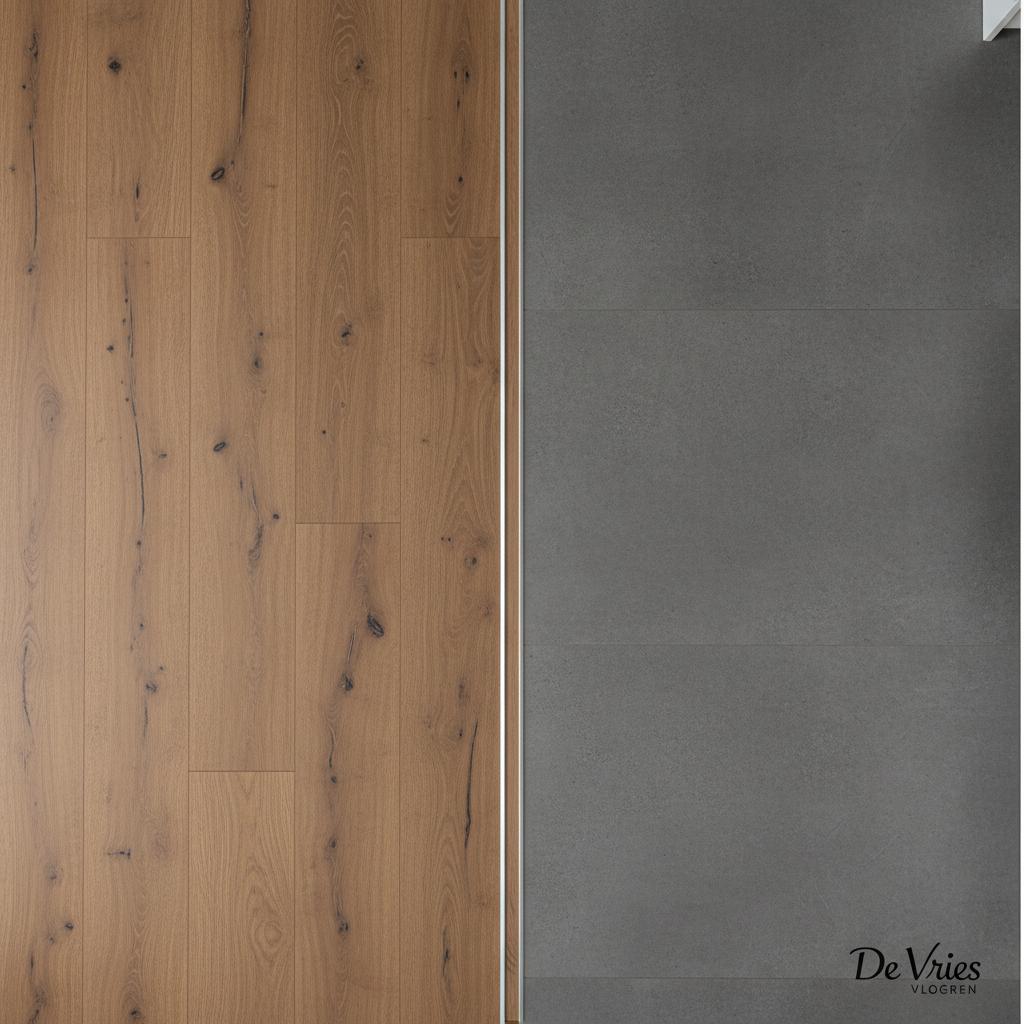 An overhead, bird’s-eye view of a transition detail between two expertly installed floors: a warm oak laminate in the living area and a cool grey stone-look PVC in the adjacent kitchen. The camera captures the threshold zone in crisp detail, showing a perfectly straight, tight seam with a slim matching profile strip. Both surfaces display realistic textures and consistent patterns, emphasizing quality installation. Soft neutral studio lighting evenly illuminates the scene, eliminating harsh shadows and allowing materials and colors to read clearly. Photographic realism, minimalist composition, professional and technical mood, ideal for illustrating meticulous finishing work by a flooring specialist like De Vries Vloeren.