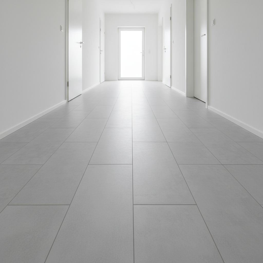 A bright, newly renovated hallway featuring light-grey concrete-look PVC flooring laid in long, continuous planks, perfectly aligned with no visible gaps. The camera is positioned at a slightly elevated angle, capturing the full length of the corridor towards a softly lit doorway. Clean white walls and simple white doors frame the floor, allowing the subtle stone texture and matte finish of the PVC to stand out. Natural overcast daylight filters in from the end of the hallway, producing even, shadow-free illumination that feels crisp and professional. Photographic realism, sharp focus from front to back, clean and minimal composition that highlights durability and modern style.