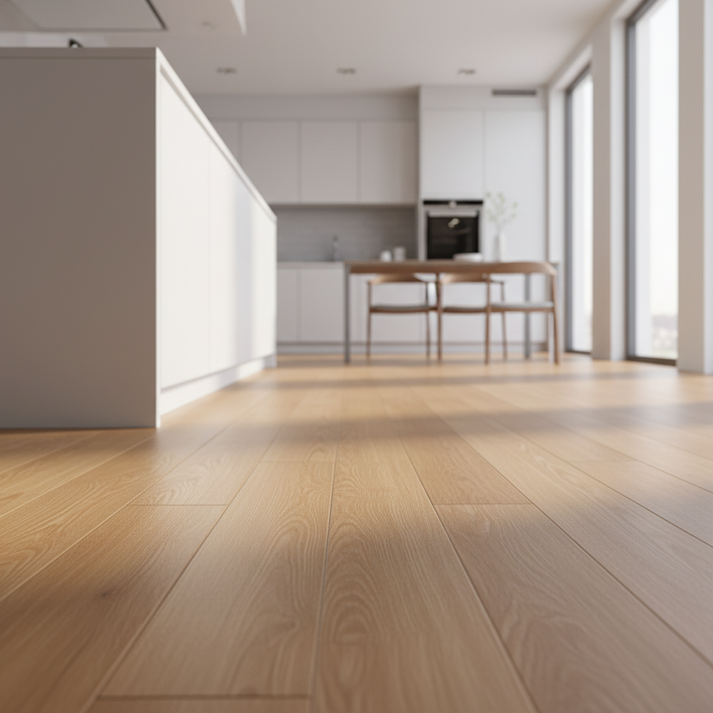A stylish open-plan kitchen-dining space with warm oak-pattern PVC flooring, installed seamlessly around a sleek matte-white kitchen island and integrated cabinets. The planks run lengthwise across the room, creating visual depth and a sense of spaciousness. Cinematic, slightly wide-angle view from one corner, with the floor occupying the majority of the frame. Soft morning light streams in from tall windows on the right, creating subtle highlights that reveal the realistic embossed wood texture while remaining low-gloss and practical. Background elements, like handleless cabinetry and a simple backsplash, are slightly softened to keep focus on the floor. Photographic realism, clean, contemporary atmosphere suited for a professional flooring showroom impression.