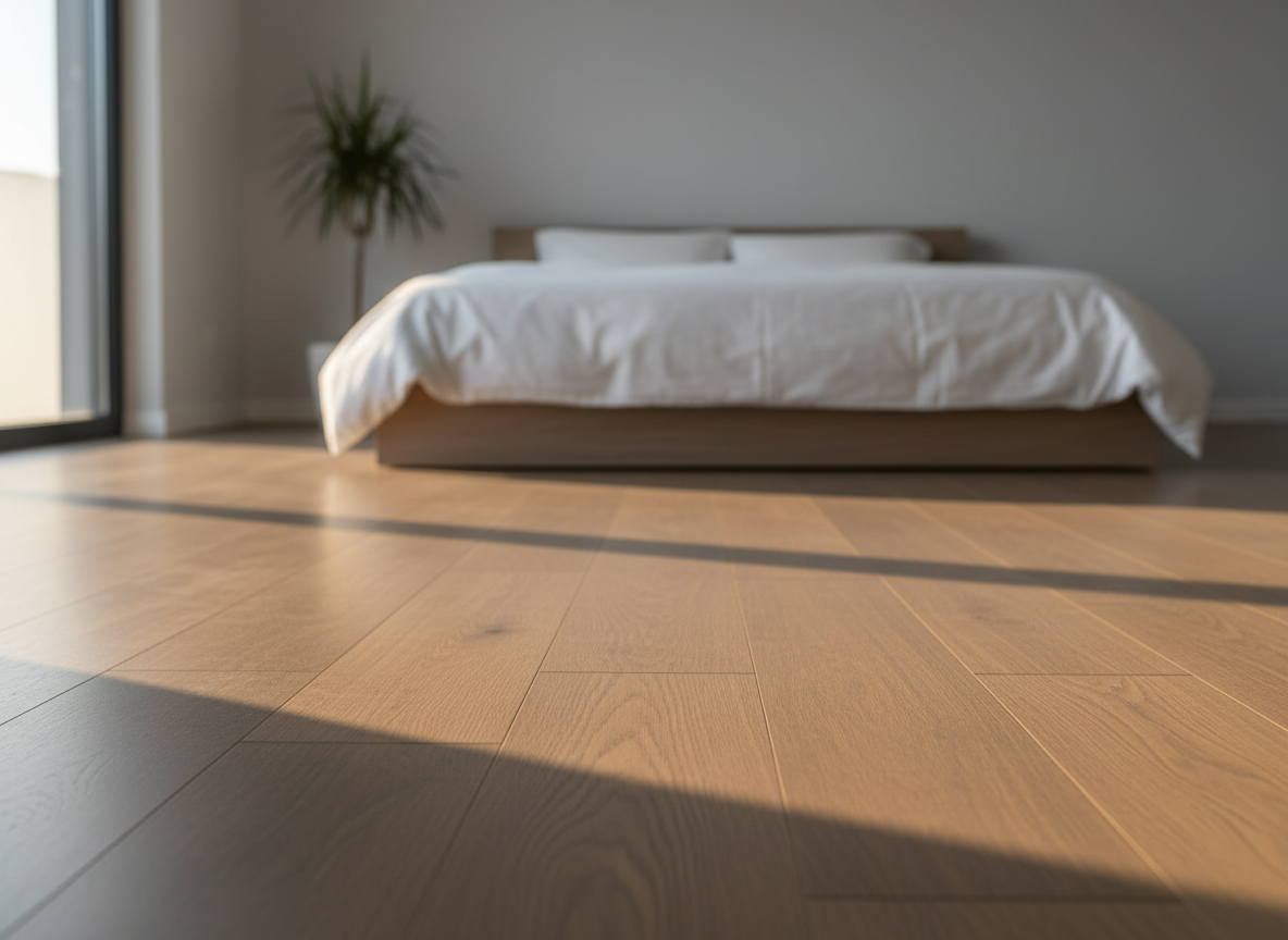 A serene, minimalist bedroom interior where a medium-toned oak laminate floor is the clear star of the scene. The planks run horizontally across the image, flawlessly installed, with their subtle, matte wood texture captured in sharp detail in the foreground. A simple low platform bed with plain white linens sits in the background, slightly out of focus, along with a plain light-grey wall and a single tall plant silhouette. Soft late-afternoon light filters in from the left, creating long, gentle shadows and a warm, welcoming glow across the floor. Photographic realism, eye-level composition, calm and professional mood, ideal for showcasing how quality flooring transforms a living space.