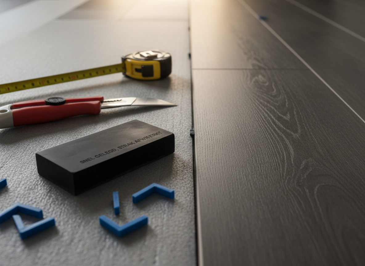 A detailed close-up of a flooring installer’s tools carefully arranged beside a partially laid PVC floor, but without showing any person. A precision cutting knife, a tapping block, spacers, and a measuring tape rest neatly on a protective underlayment next to already installed planks that meet in a perfectly straight line. The camera is positioned low and close, emphasizing the tight seams and clean edges of the floor. Soft, directional workshop lighting from above and slightly behind the scene casts gentle, professional-looking shadows and subtle highlights on metal surfaces. Photographic realism, slightly shallow depth of field, technical and trustworthy atmosphere, illustrating the expertise behind ‘snel gelegd, strak afgewerkt’.
