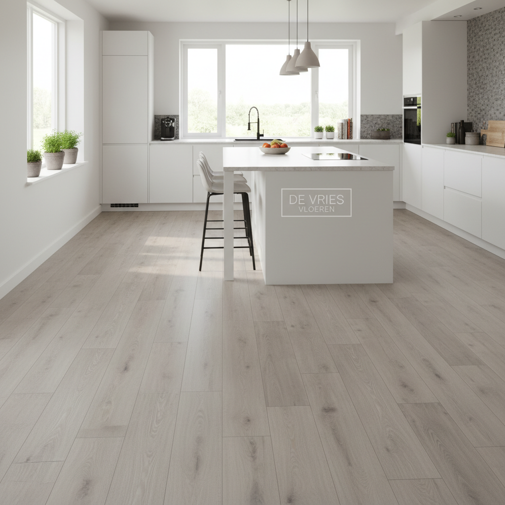 Een realistische, moderne keuken met een strakke laminaatvloer in neutrale tint, veel daglicht en een nette, opgeruimde uitstraling, passend bij De Vries Vloeren.