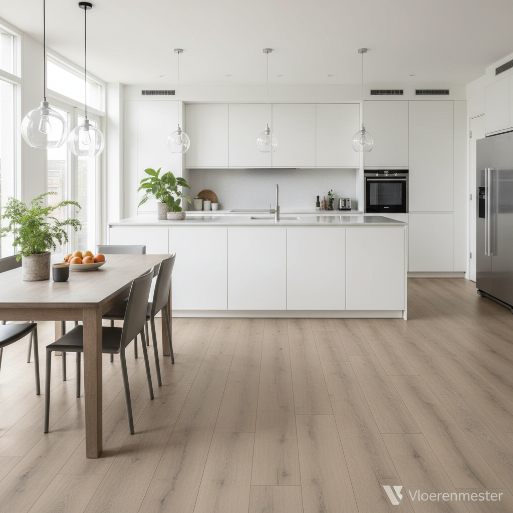 Een realistische foto van een moderne, lichte keuken met een andere laminaatvloer dan de huidige: strak gelegd, hoogwaardige afwerking, neutrale maar duidelijk herkenbare houtstructuur, geschikt als voorbeeldvloer voor een vloerenbedrijf.