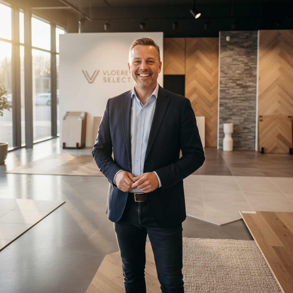 Een tevreden klant die glimlachend in een modern interieur staat, passende bij een vloerenbedrijf. Warme, realistische foto, geschikt als avatar bij een review.
