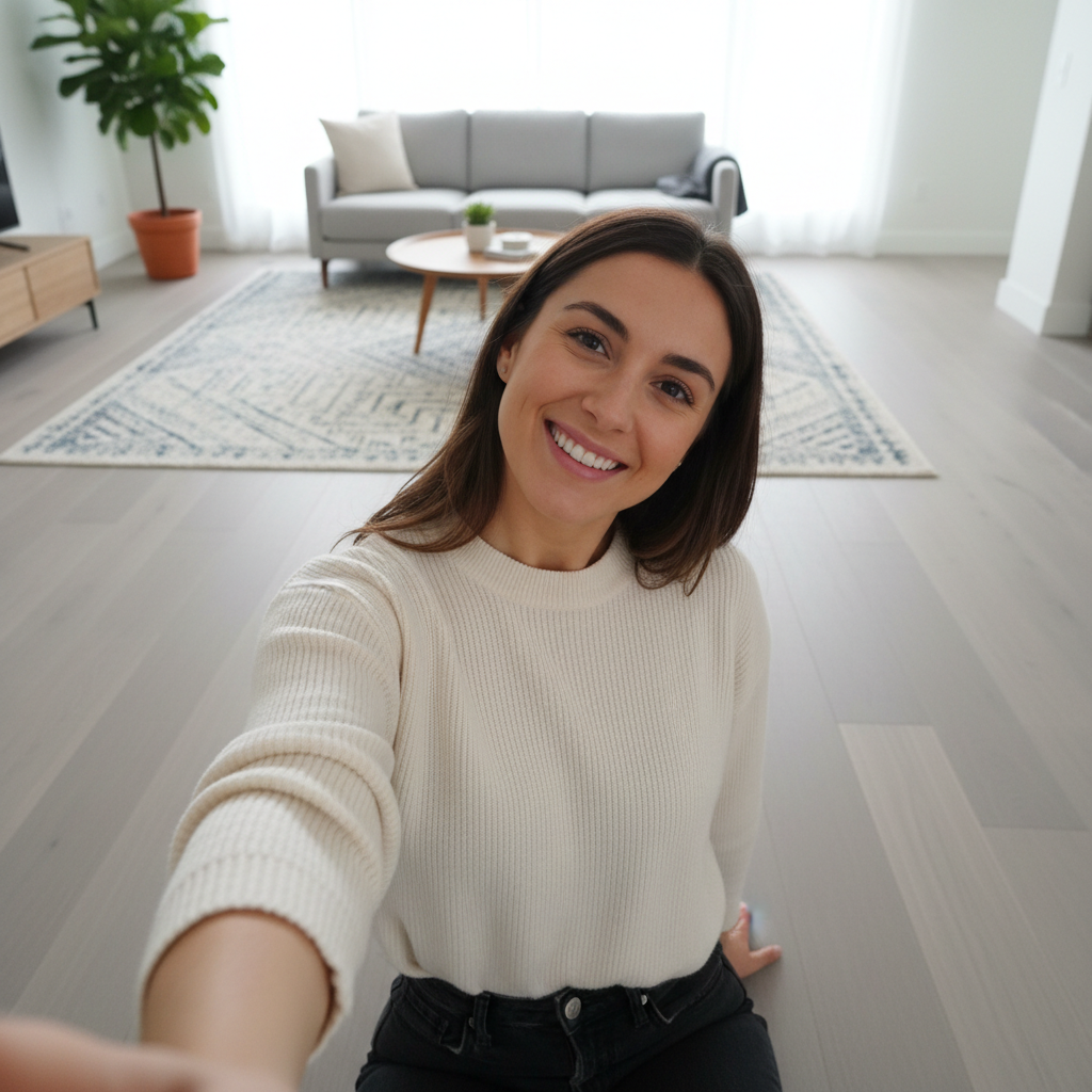 Een realistische selfie van een tevreden vrouwelijke klant in een modern interieur, glimlachend, neutrale kleding, geschikt als reviewfoto voor een vloerenbedrijf.